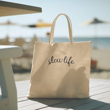 Slow Life, Large Embroidered Tote