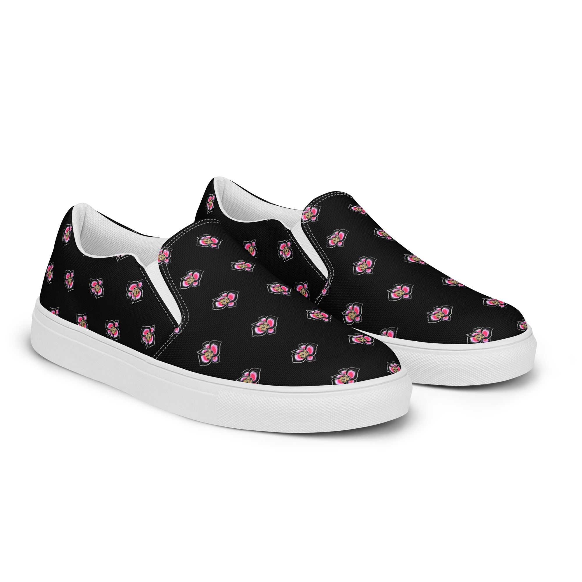 Pink Flower black, Women's slip-on canvas shoes